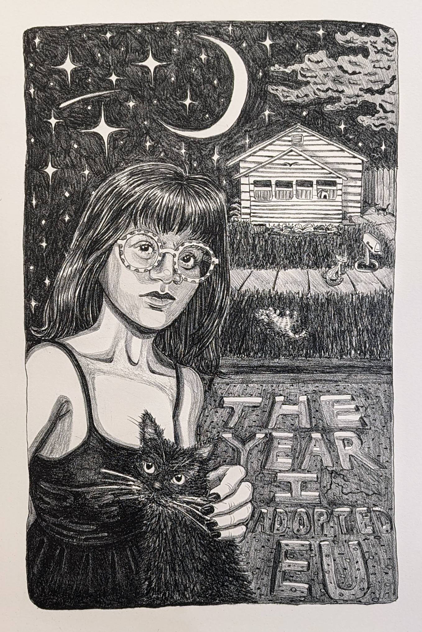 black and white print of a woman with her cat, house in the background.